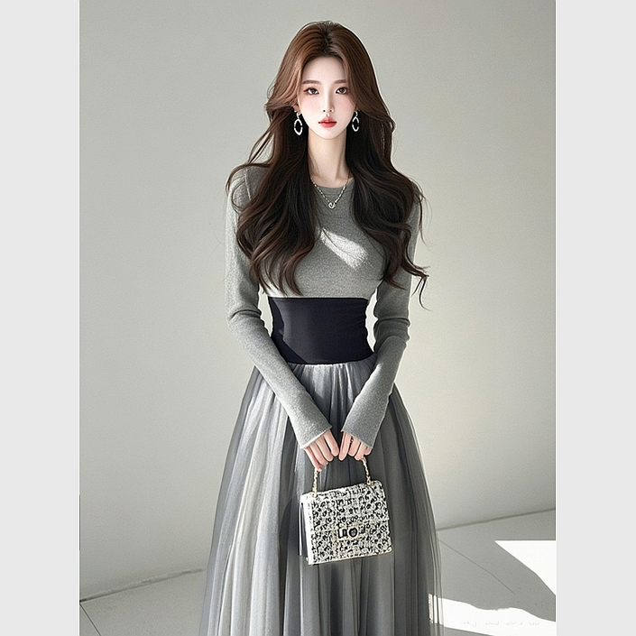 봄 가을 여성 긴팔 롱 원피스 빅사이즈 레이스 패치워크 슬림핏 롱원피스 데일리 여자 하객룩 원피스 YJW