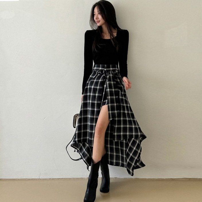 떳다그녀 프리츠 타탄체크 매듭 반바지 레이어드 롱스커트 언발 A라인 유니크 치마바지