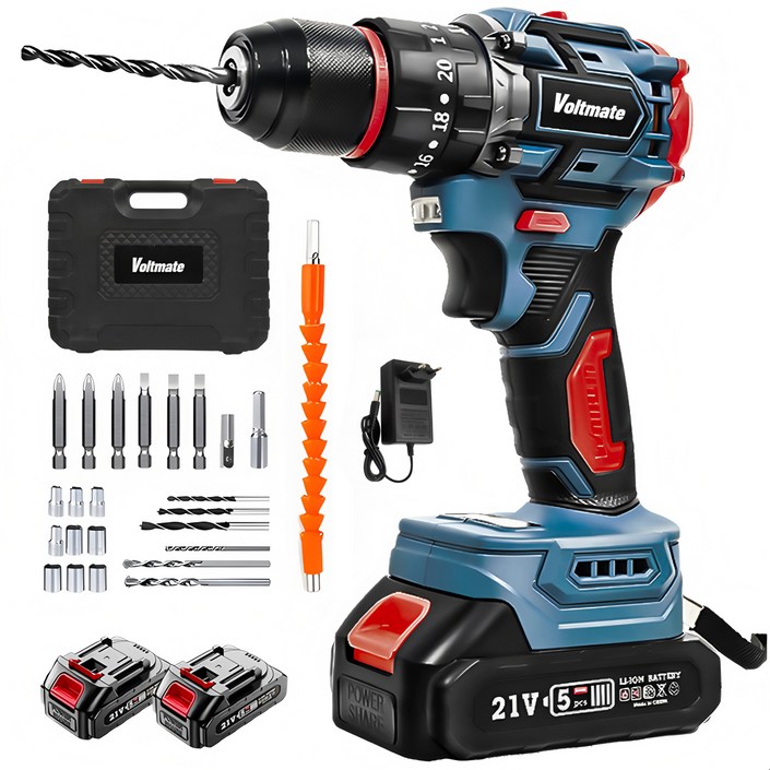 국내발송 VoltMate 최신형 브쉬 21V 203단 다용도 전동드릴 BLDC모터 40N 토크 2단 회전 속도 조절 본체배터리 2개24종 액세서리 세트 가정용 인테리어, 1세트