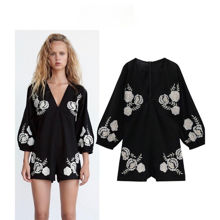 블랙 브이넥 자수 린넨 ZARA 자라 여성 점프슈트 블랙 브이넥 자수 린넨 ZARA 자라 여성 점프슈트