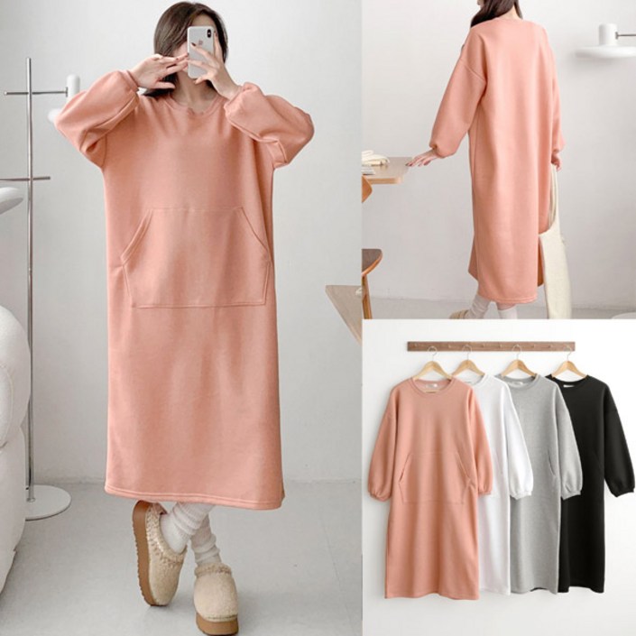 아이우먼 빅사이즈 캥거루 주머니 기모 롱 원피스 퍼프소매 겨울 캐주얼 ops 55-110 size 여성큰옷