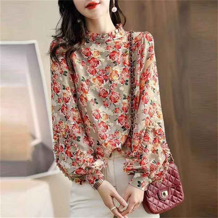 Vezri 중년 여성 봄 가을 플로럴 프린트 쉬폰 블라우스 긴팔 셔츠 하이넥