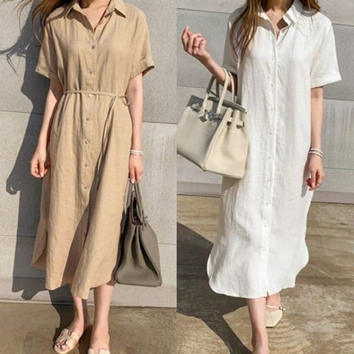 DHHB107 여성의류 반팔 원피스 린넨 패션의류 롱 셔츠
