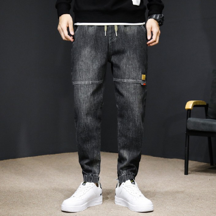 젊은 남성용 청바지 2022 년 새로운 트렌드 느슨한 슬림 탄성 허리 슬림 레깅스 캐주얼 바지 한국판