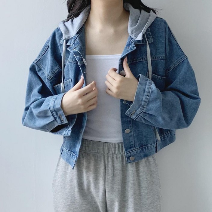 후드탈부착OK 디어 뒷단추 크롭 데님 청자켓  봄 가을 오버핏 점퍼 루즈핏 긴팔 아우터