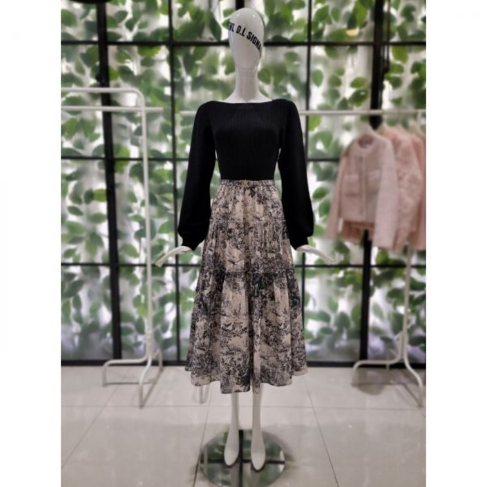 듀엘 니트 레이어드 쉬폰 나염 벨티드 원피스 L244PSE039 백화점 아울렛 한정수량 4720064