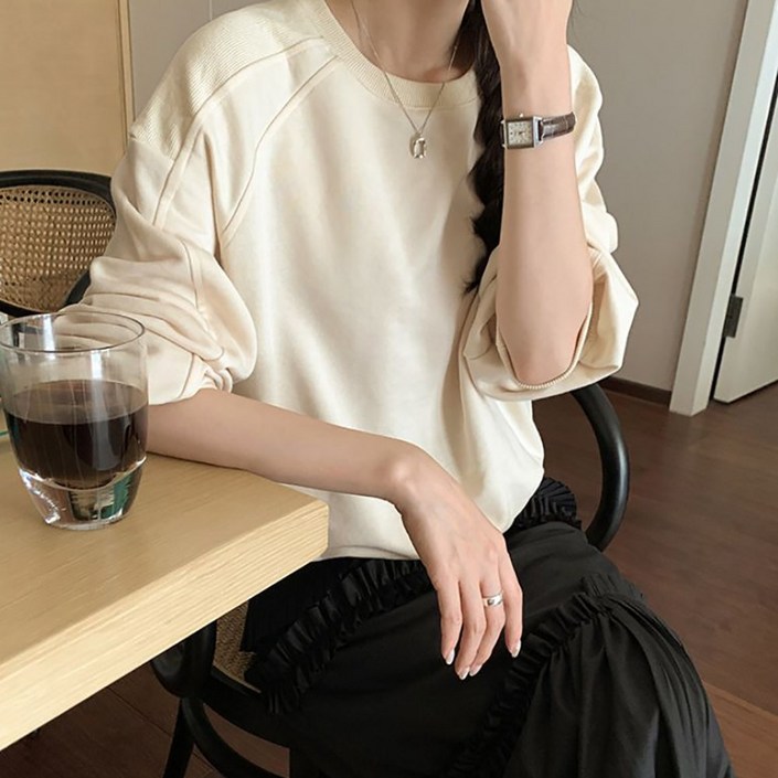 네모엔룩 여성용 쭈리맨투맨 루즈핏 절개 라인 시보리 라운드넥 면 맨투맨 티셔츠 NL