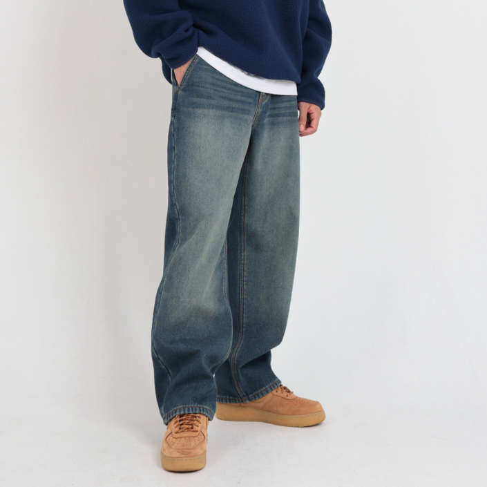 남자 기모 청바지 뒷밴딩 겨울 루즈핏 와이드 데님 팬츠