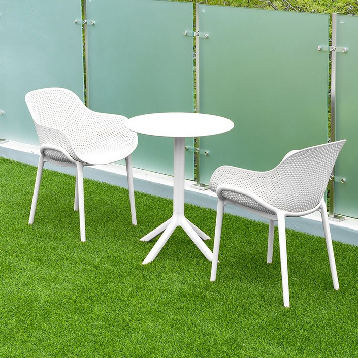 코나 라운드 2인 야외용 테이블 의자 세트 플라스틱 카페 테라스 정원, 화이트