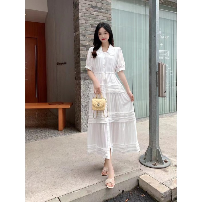레이스 패치 허리 반팔 칼라 원피스
