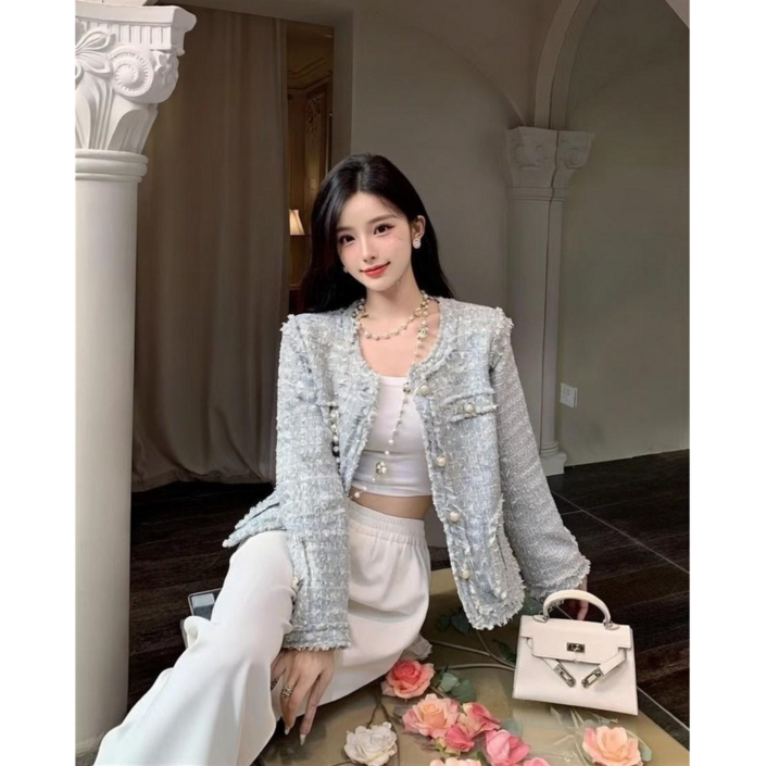 RODE 세련된 여성 라운드 고급 트위드 자켓 파스텔