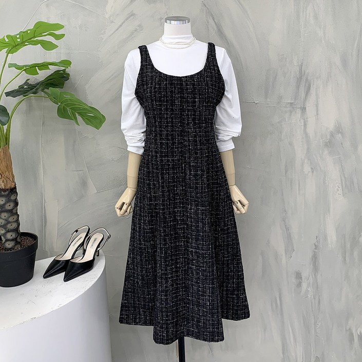 행복여 블링 체크 트위드 플레어 뷔스티에 원피스