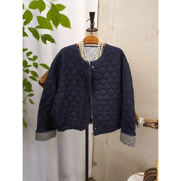 겨울신상 무배 엠몬청 노카라 퀼팅 체크 포인트 자켓