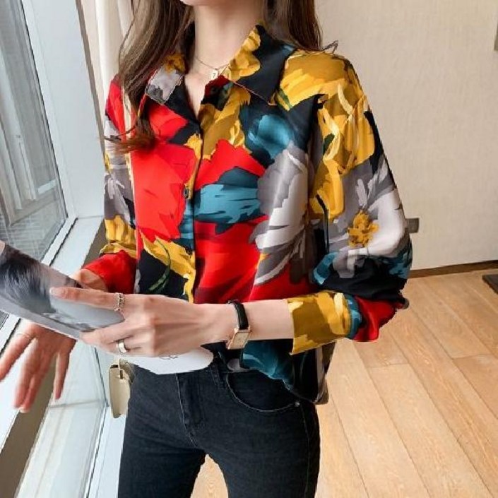 화려한 꽃무늬 셔츠 블라우스 긴팔 쉬폰 중년 엄마 빈티지 복고풍 레트로 40대 50대