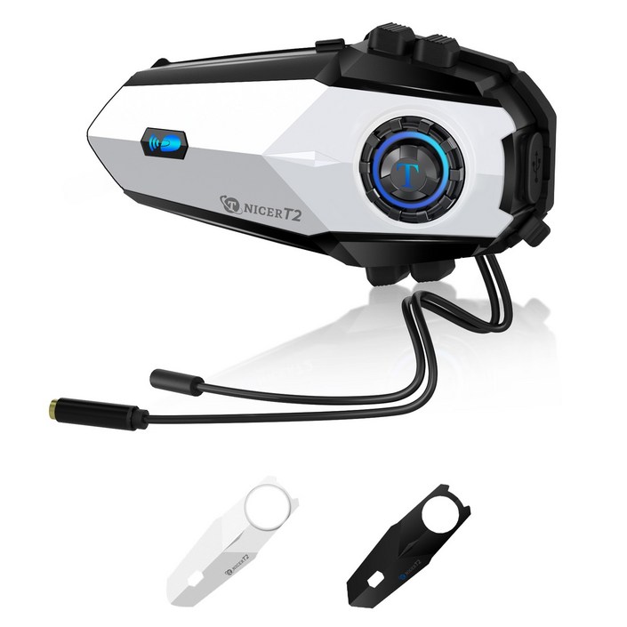 TNICER T2 오토바이 헬멧 블루투스 6인 1000M 액세서리 교체 가능, 흰색