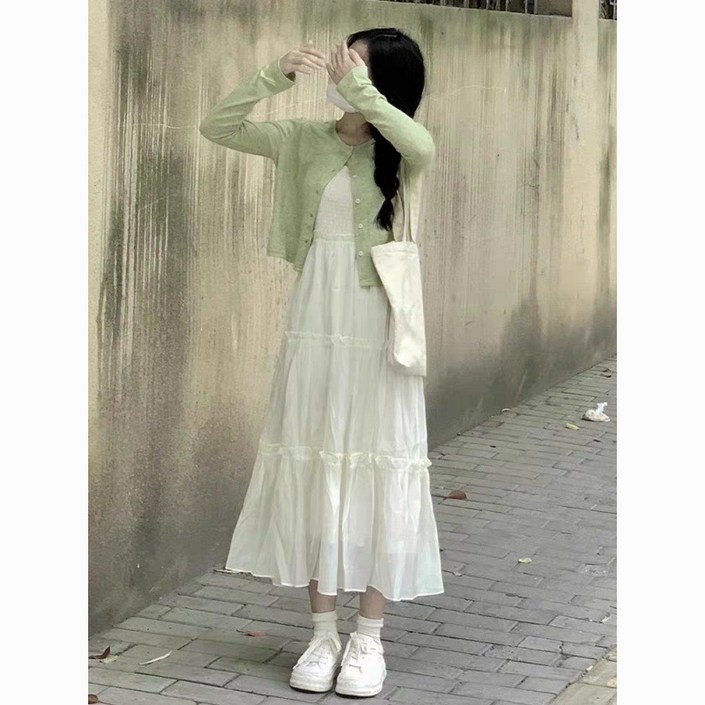 POMTOR 여성 데일리 나시원피스 세트 루즈핏 편안한 룽 원피스 가디건 캐주얼 투피스