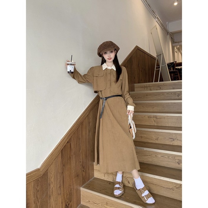 ANYOU 빅사이즈 여성 긴팔 원피스 코듀로이 롱원피스 결혼식 하객룩 패션 데일리룩 오피스룩