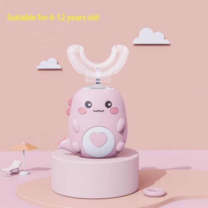 어린이용 U자형 전동 칫솔, 스마트 만화 실리콘 칫솔, 자동 충전식 음파 칫솔, 360 도, 6-12 Years Old-Pink