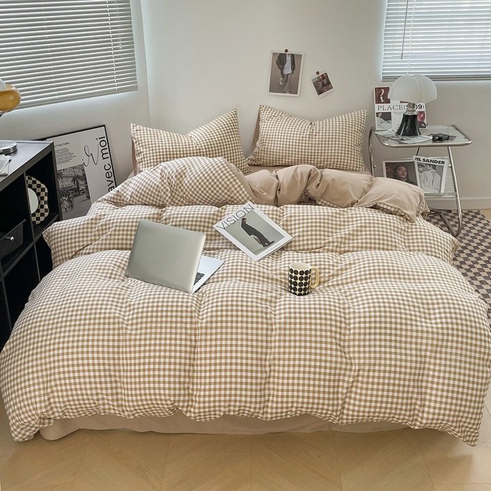 스트라이프 체크 무늬 이불 커버 - 기계 세탁 가능, 수축 방지, 사계절에 적합 - 부드러운 재질, 통기성이 좋은 침대용품, 침실 및 게스트룸에 적합