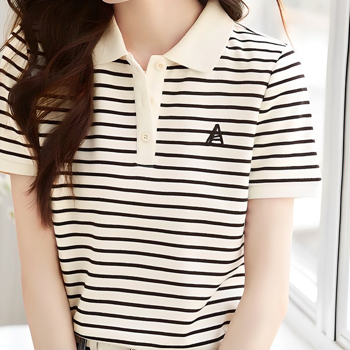 데일로엔 여성 심플 자수 스트라이프 카라 반팔 니트티