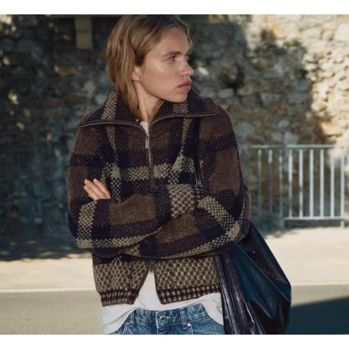 1Y10174 ZARA 여자신상 체크무늬 니트자켓 슬림핏 스웨터재킷  5802106