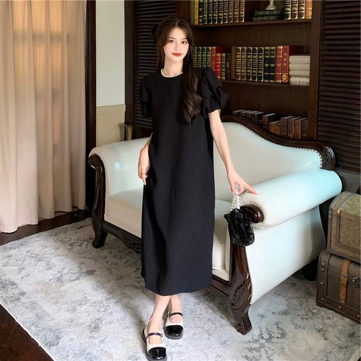 크레스티 여성 여름 일상 루즈핏 퍼프소매 롱 치마 반팔 라운드넥 빅사이즈 원피스