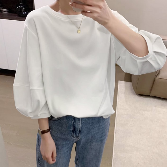 자체제작 제이니 여성 벌룬 소매 루즈핏 7부 티셔츠