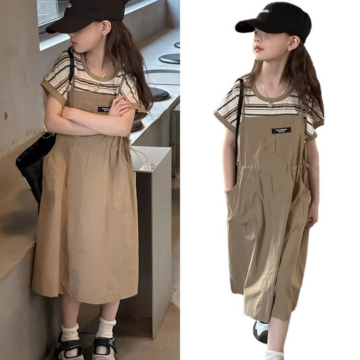 삐삐네옷가게 여아 주니어 코코멜빵 스트라이프 티셔츠 바스락 원피스 세트