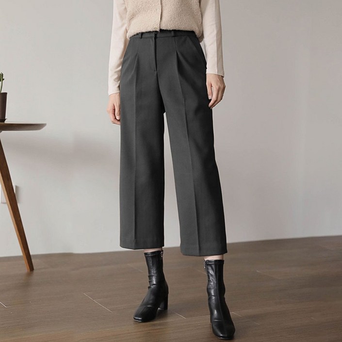 그레힙 여성 겨울 슬랙스 8부 기모 모직 통바지 와이드 팬츠 뒷밴딩 바지