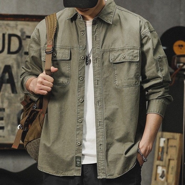 COSYEVNO 가을 남자 셔츠 빈티지 캐주얼 카라넥 순색의 작업복 남방
