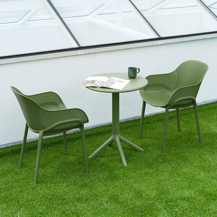코나 라운드 2인 야외용 테이블 의자 세트 플라스틱 카페 테라스 정원, 진녹색