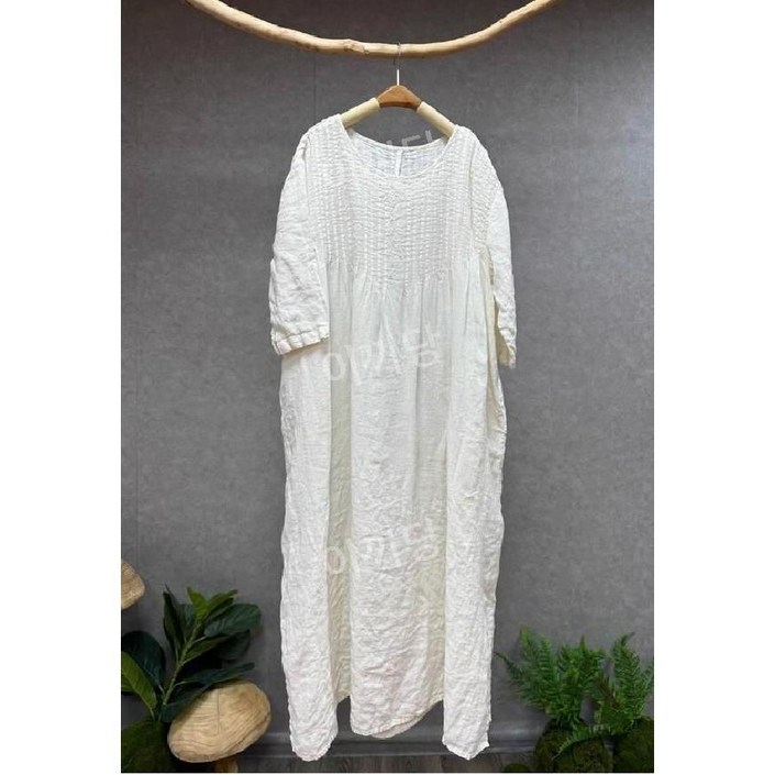 이끼당 빅사이즈 린넨자수 고퀄지향 가슴주름 원피스