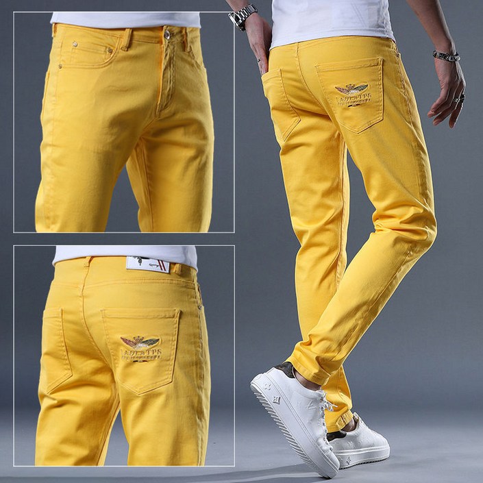 유럽 패션 브랜드 자수 노란색 청바지 남성 한국 패션 슬림 스트레치 레깅스
