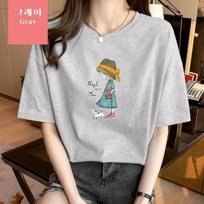 오늘발송 스타일아유 오버핏 면100 반팔티 귀요미 로고 여성용 빅사이즈 박시 반팔티셔츠 반팔 티셔츠AYG6TS348A