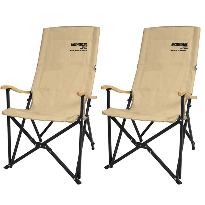 원스위크라이프 롱 릴렉스 캠핑의자 특대 블랙프레임  원목, 베이지, 2개