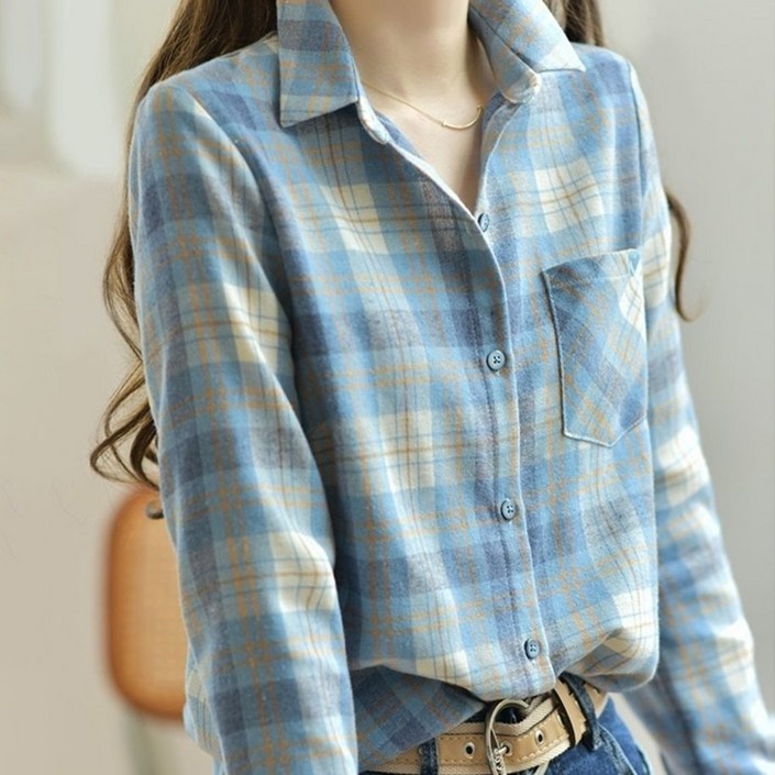 ROYALBELLE  여성 체크 카라넥 긴팔 루즈핏 기모 포켓 데일리 캐주얼 셔츠 U01101013