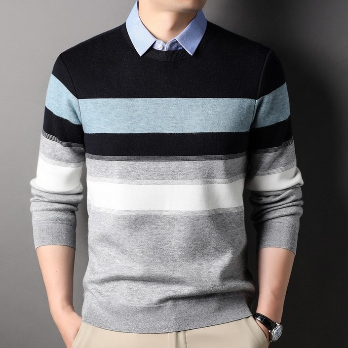 남성 가을 겨울 스트라이프 이중 카라 니트
