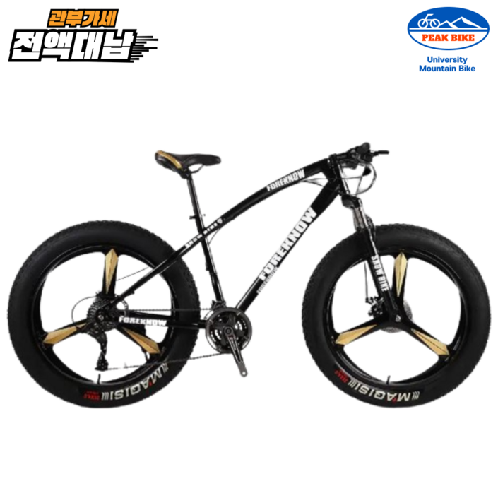 PEAK 팻바이크 풀샥 산악 자전거 MTB 광폭 타이어, 블랙 24인치, 1개