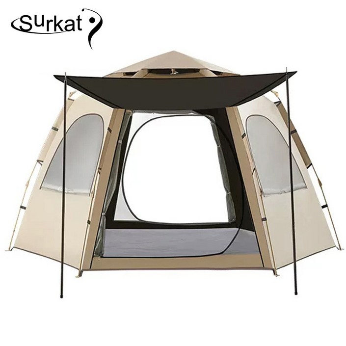 Surkat 원터치텐트 블랙코팅 자외선차단 육각형 텐트 캠핑그늘막텐트, 34인용, 베이지