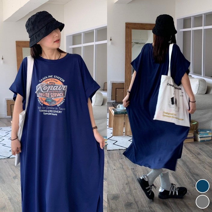 핏몬 여성 5599 빅사이즈 찰랑 가오리 반팔 빈티지 프린팅 면 스판 롱 원피스