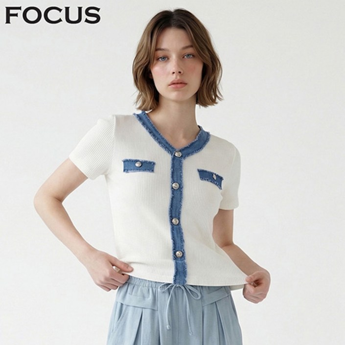 프린지 데님 배색 버튼 니트VFI6M1KT2180