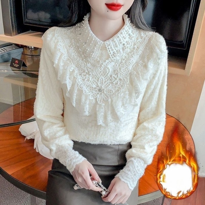 COSYEVNO 여성 블라우스 패션 레이스 패치 카라넥 리본 겨울 기모긴팔티