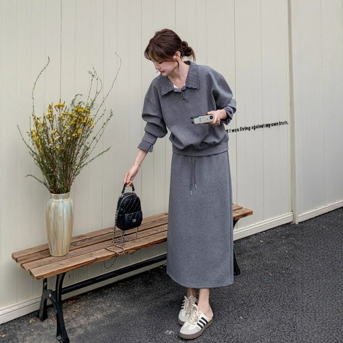 여성 봄 가을 캐주얼 맨투맨 치마 투피스 루즈핏 빅사이즈 롱스커트 세트 데일리룩 오피스룩 투피스