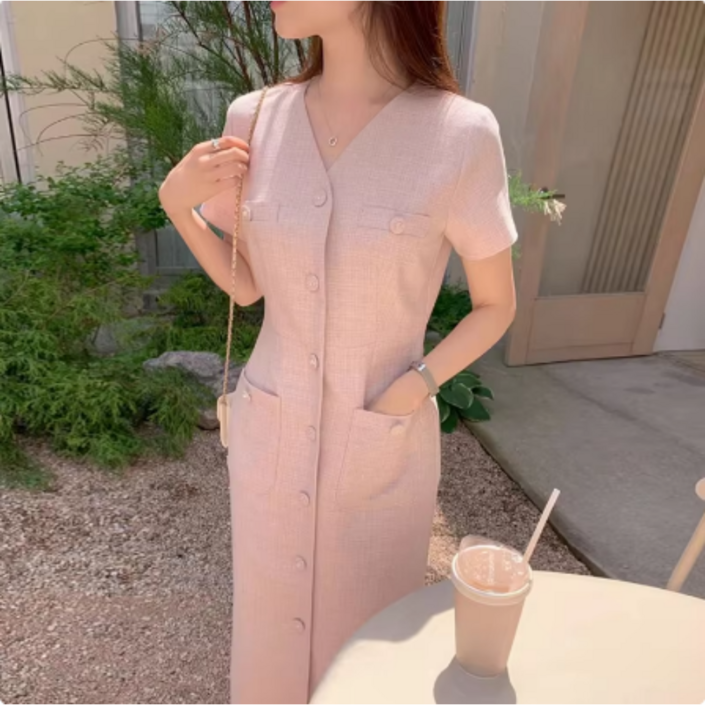 우아한 트위드 여성 캐주얼 더블 포켓 반팔 롱 원피스