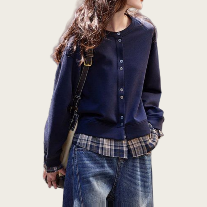 Makone 여성 봄 가을 심플한 노카라 밑단 체크 오버레이 자켓