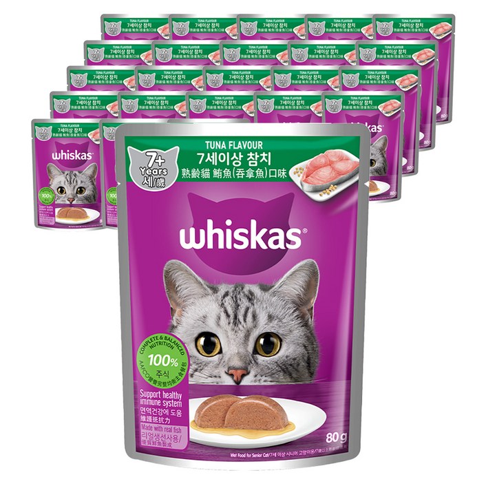 위스카스 시니어 고양이 습식사료 파우치 참치, 참치, 80g, 24개 위스카스 시니어 고양이 습식사료 파우치 참치, 참치, 80g, 24개