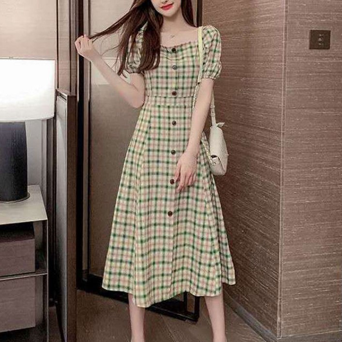 더시럽 여성용 빈티지 체크 페이크 단추 롱 원피스