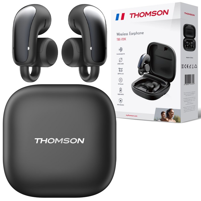프랑스 톰슨 블루투스 6.0 ENC 노이즈 캔슬링 생활 방수 오픈형 귀걸이 무선 블루투스 이어폰, 블랙, TBE-701K