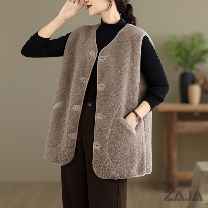 ZAJA 가을 겨울 여성 양털 조끼 루즈핏 민소매 보아 베스트