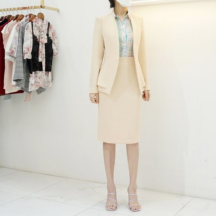 베이직 여름 노카라 자켓 H라인스커트 치마정장세트 (55-77size, 4color)